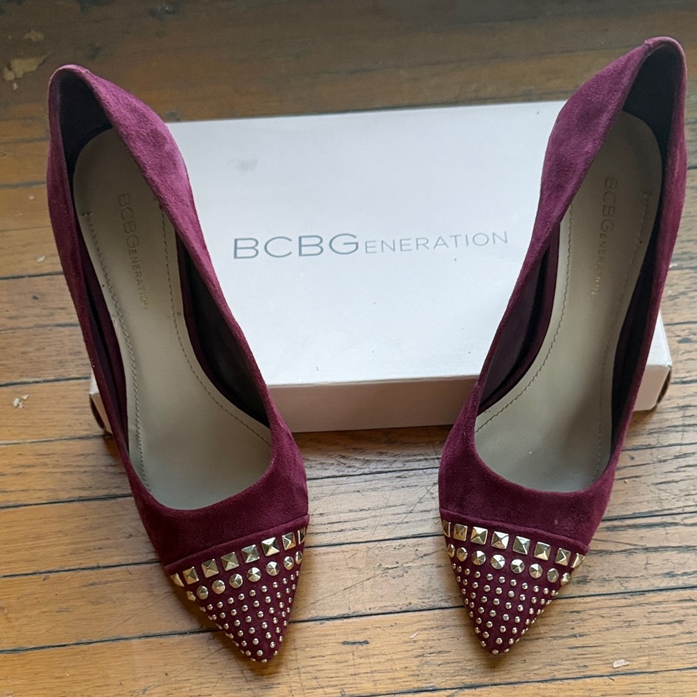 BCBGeneration Burgundy Suede Pointed Toe Heels with Gold Studs